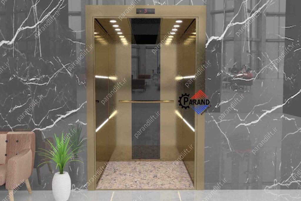 عکس کابین آسانسور طلایی خش دار و دودی و سنگ گرانیت هلویی